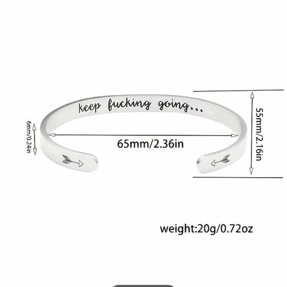 Stainless Steel C Shaped Inspiration Cuff Bangle Bracelet Keep Going - Picture 3 of 4